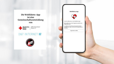 Auf dem Bild ist ein Handy mit der Startseite der App neben den Logos des DRK-Kreisverband Neuss, D&T Internet und App Cologne zu sehen.
