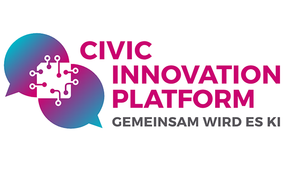Logo der Civic Innovation Platform mit zwei Sprechblasen und Symbolen, die elektronische Verbindungen darstellen sollen