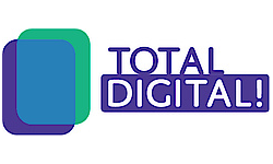 Links ein lila und ein grünes Rechteck, die zu 80% übereinander liegen. Rechts davon steht "Total. Digital!".