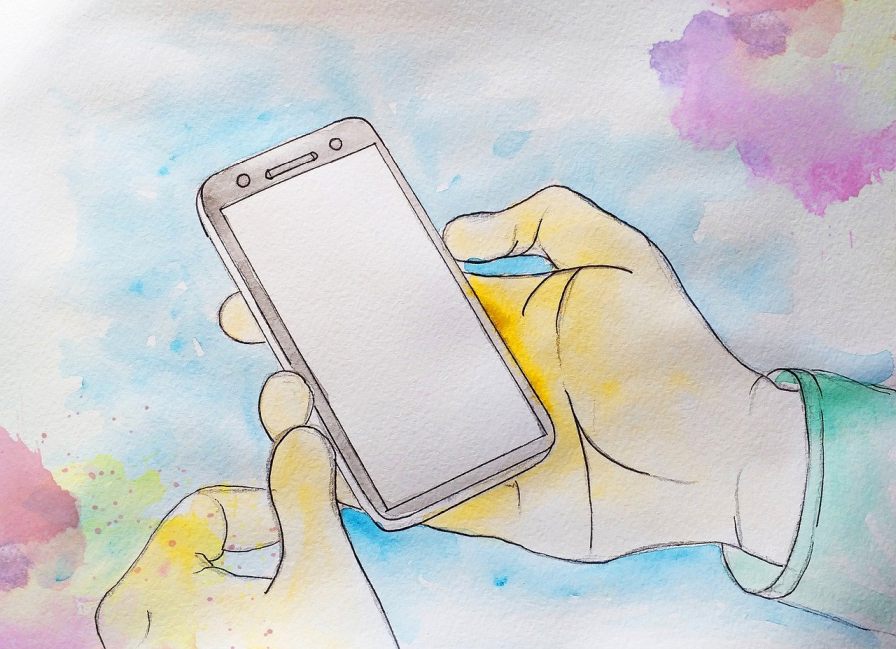 Illustration einer Hand, die ein Smartphone hält.