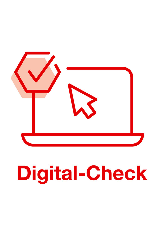 Das Bild zeigt ein Icon in Form eines Laptops mit einem Haken am oberen linken Rand und einem Mauszeiger aus dem Bildschirm. Darunter steht Digital-Check.