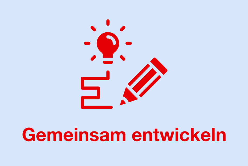 In der Grafik sind ein Stift und eine Glühbirne abgebildet. Darunter steht der Begriff „Gemeinsam entwickeln”.
