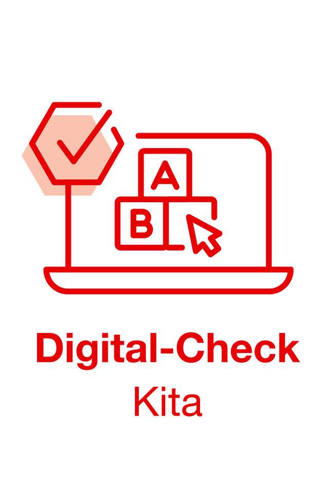 Ein Icon in Form eines Laptops mit drei Bauklötzen auf dem Bildschirm und dem Mauszeiger, der darauf klickt. Darunter steht Digital-Check Kita.