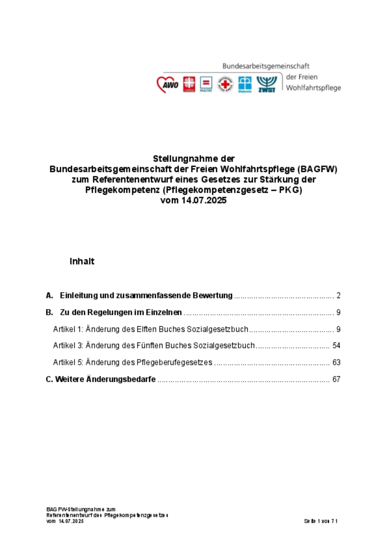 Stellungnahme der BAGFW zum Referentenentwurf eines Gesetzes zur Stärkung der Pflegekompetenz