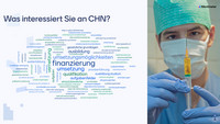 Wortwolke zur Frage, was Menschen an CHN interessiert, daneben ein Foto von einem Mann mit einer Spritze in einer Hand