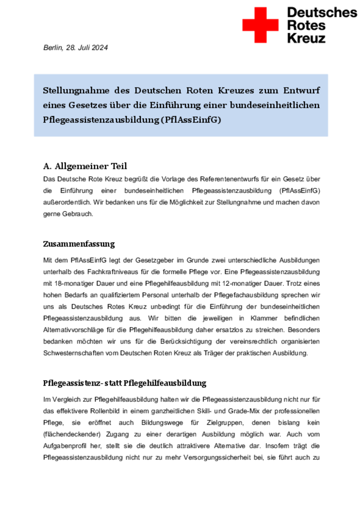 DRK-Stellungnahme Pflegeassistenzgesetz