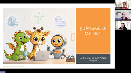 Screenshot einer MS Teams Besprechung mit geteilter Präsentation zum Titel "5 gängige KI-Mythen und wie wir sie zum Platzen bringen". Rechts sieht man die Videos der Vortragenden und zweier Organisatorinnen.