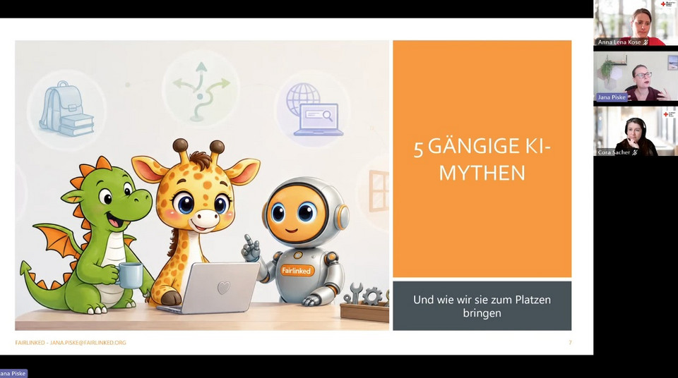 Screenshot einer MS Teams Besprechung mit geteilter Präsentation zum Titel "5 gängige KI-Mythen und wie wir sie zum Platzen bringen". Rechts sieht man die Videos der Vortragenden und zweier Organisatorinnen.