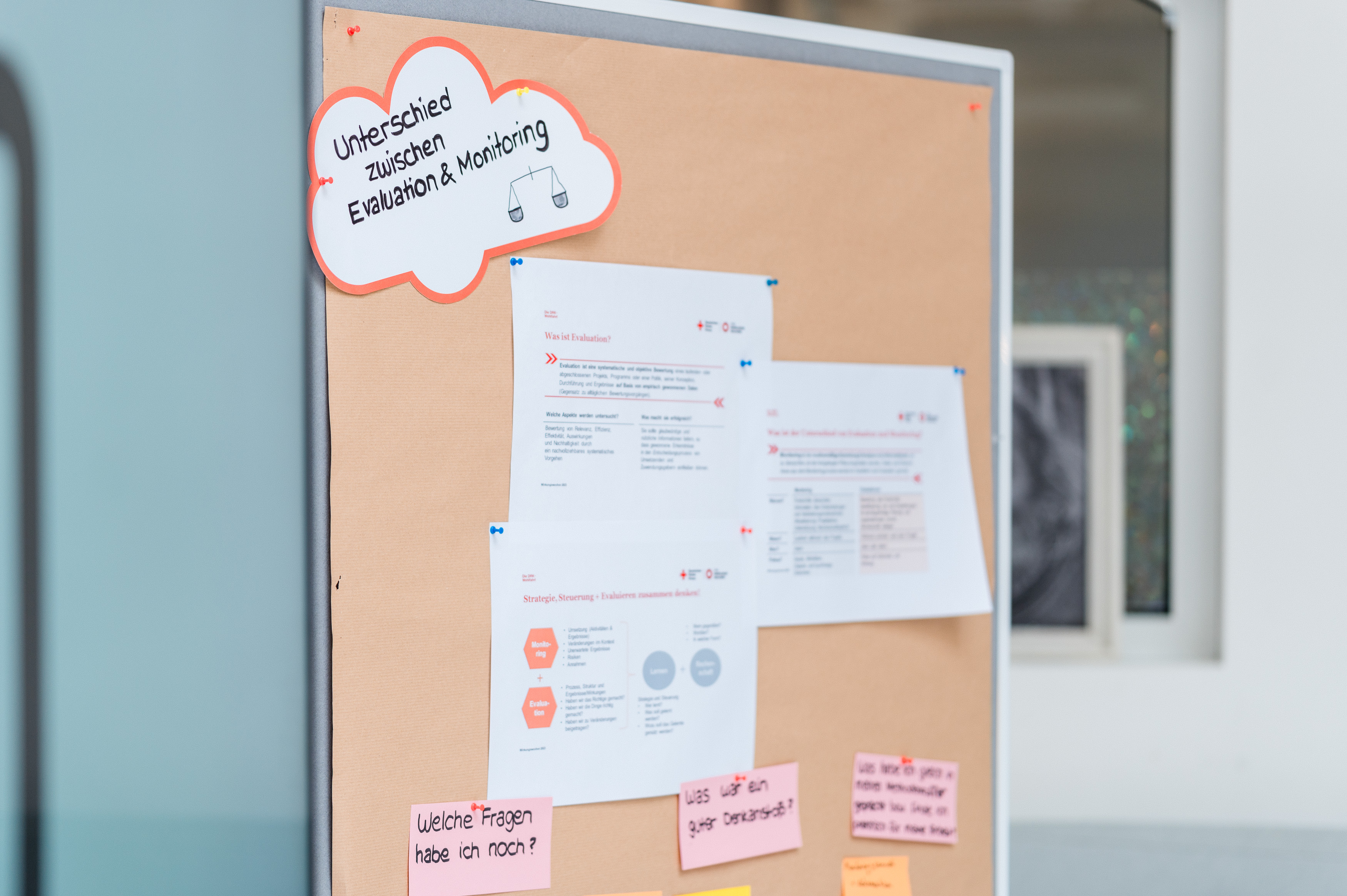 Stellwand in einem Workshop, auf der die Unterschiede zwischen Evaluation und Monitoring geklärt werden.