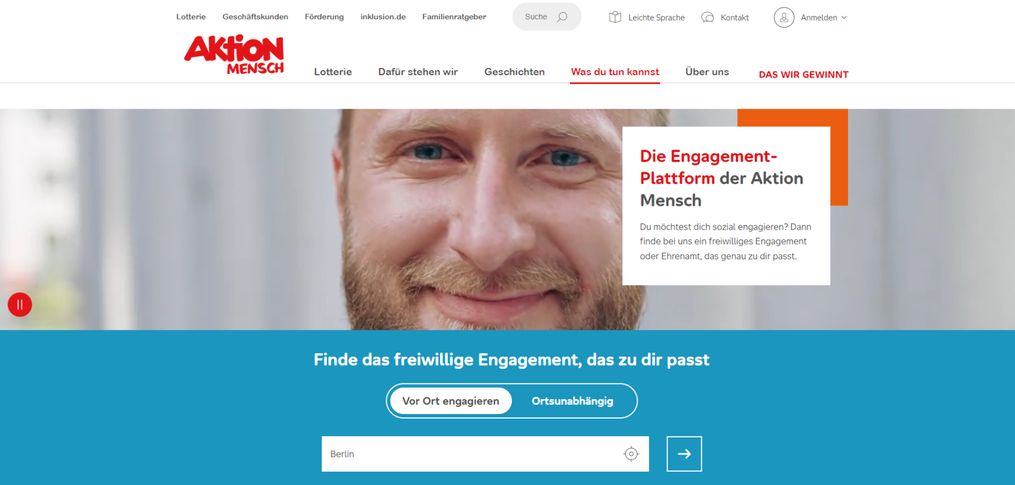 Screenshot der Startseite der Aktion Mensch
