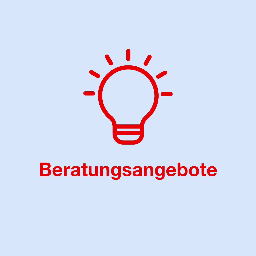 In der Grafik ist eine rote Glühbirne zu sehen. Darunter steht das Wort „Beratungsangebote”.