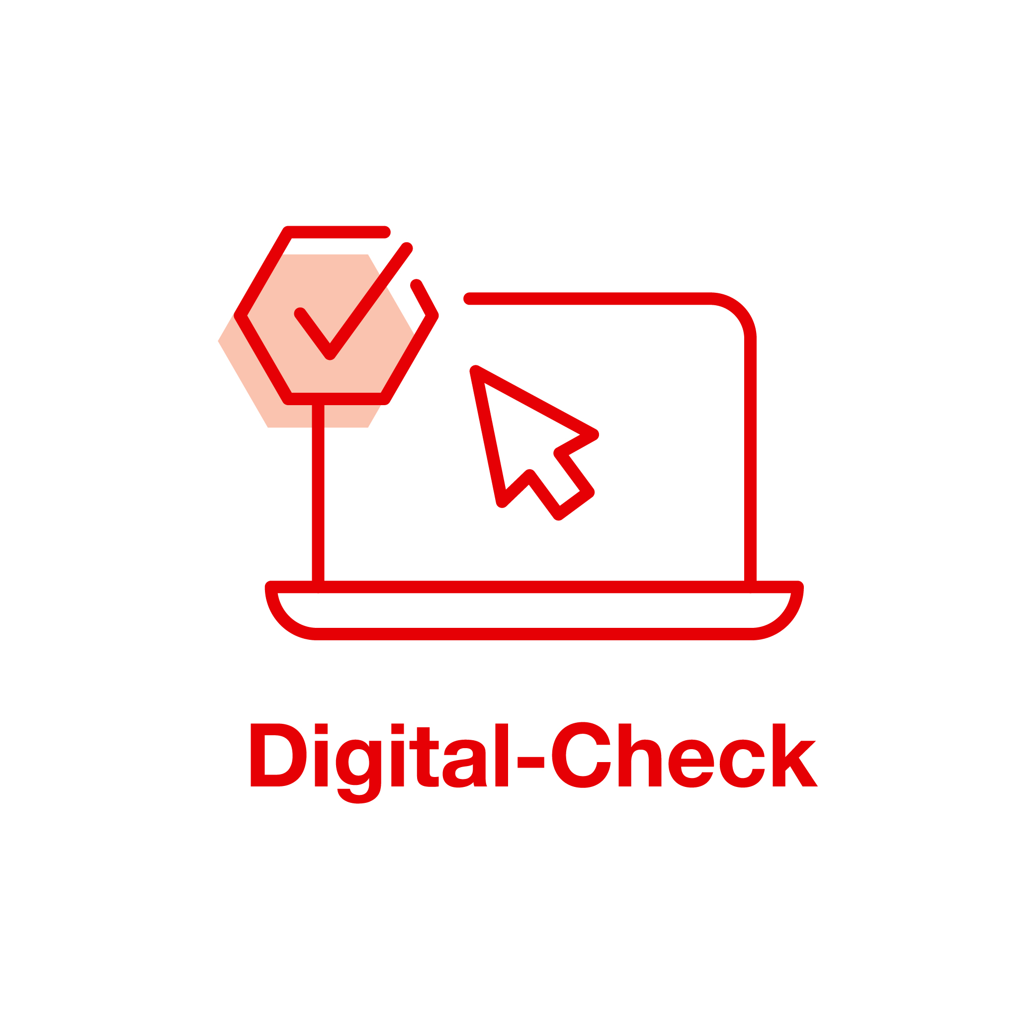 Das Bild zeigt ein Icon in Form eines Laptops mit einem Haken am oberen linken Rand und einem Mauszeiger aus dem Bildschirm. Darunter steht Digital-Check.