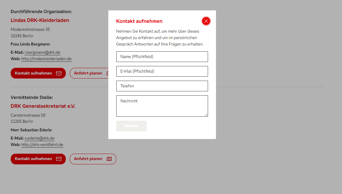 Screenshot vom Kontaktfeld