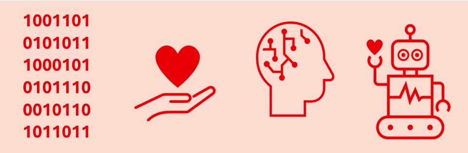 Piktogramm mit verschiedenen Symbolen: Rote Binärcode-Zahlen, rote Hand mit Herz, rotes Kopfprofil mit Schaltkreisen, roter Roboter mit Herz und Herzfrequenzanzeige auf rosa Hintergrund.